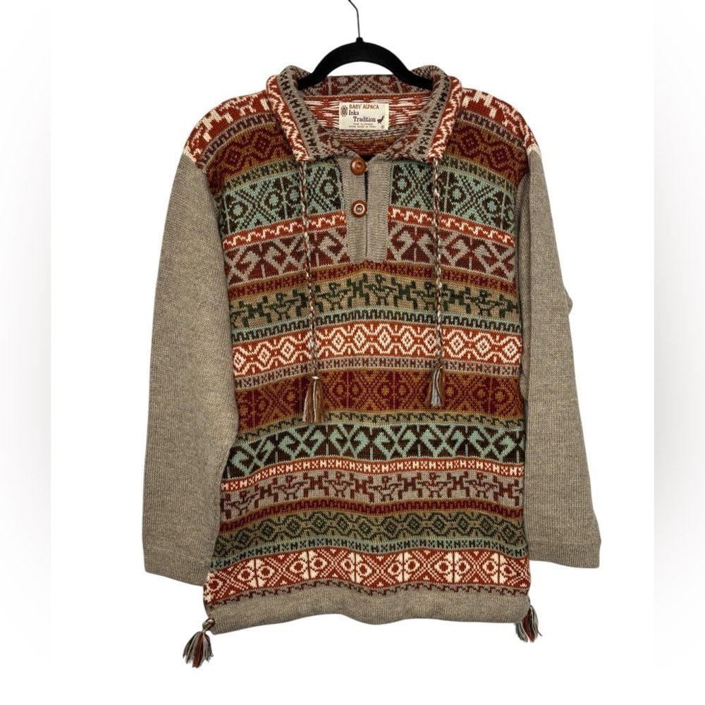 Women’s Baby Alpaca Wool Sweater Boho Fair Isle Tribal Knit Pullover Cozy